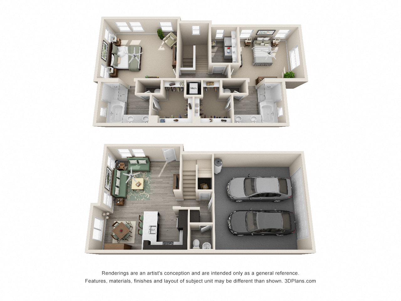 Floor plan for 2 beds, 2.5 baths, 1566 sqft